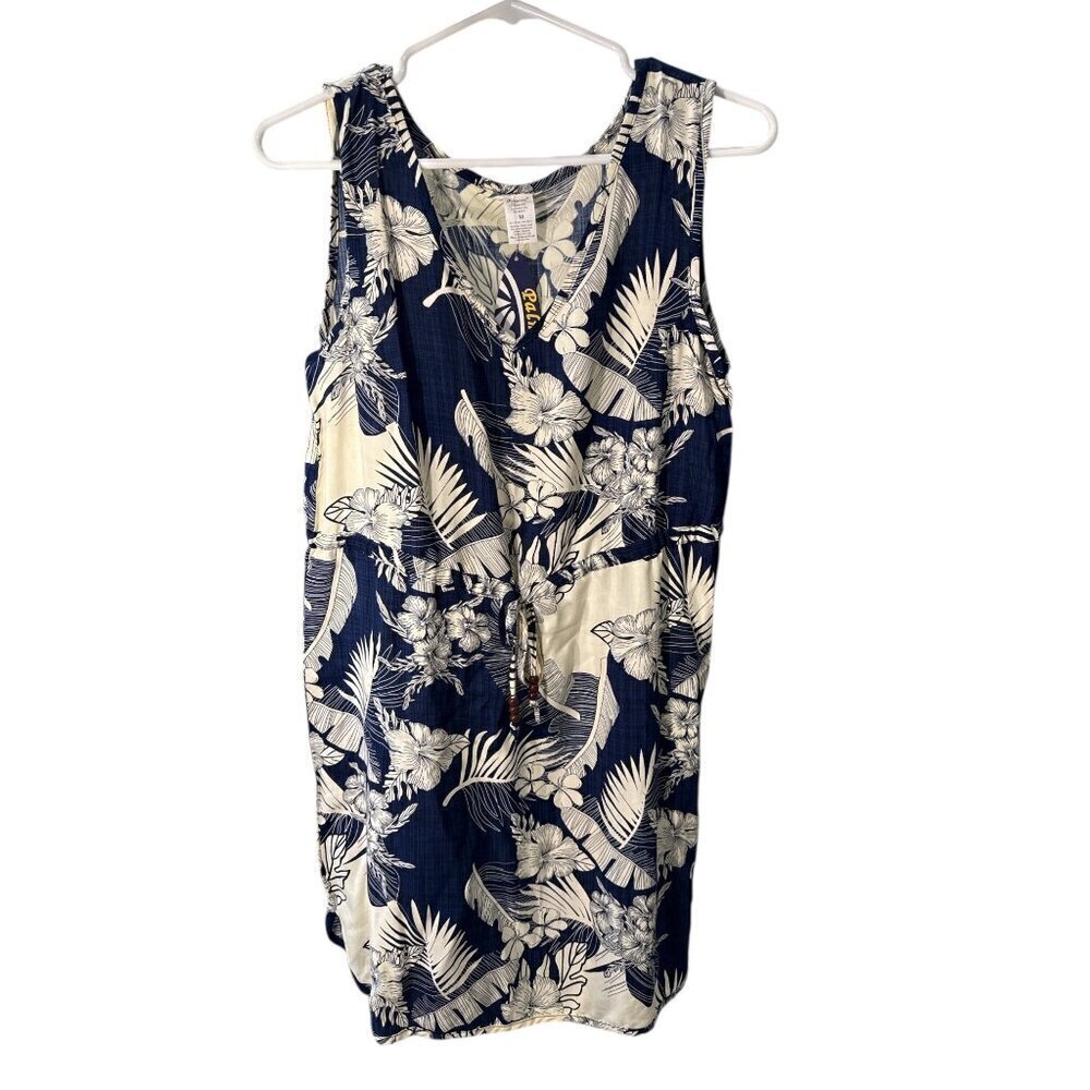Palmwave Hawaii Floral Navy and White Mini  Dress Size M 100% Rayon NWT